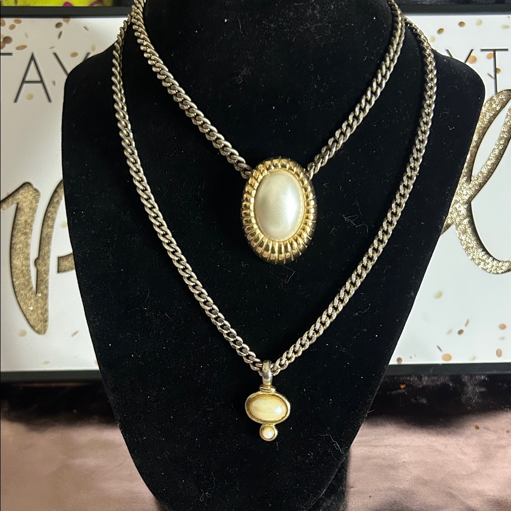 Vintage Silver and Gold Women's Necklace Set with Pendant & Scarf Clip #78021P